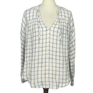 Free People Shirt Womens XS Blue White Plaid Hooded 100% Cotton‎ Oversized